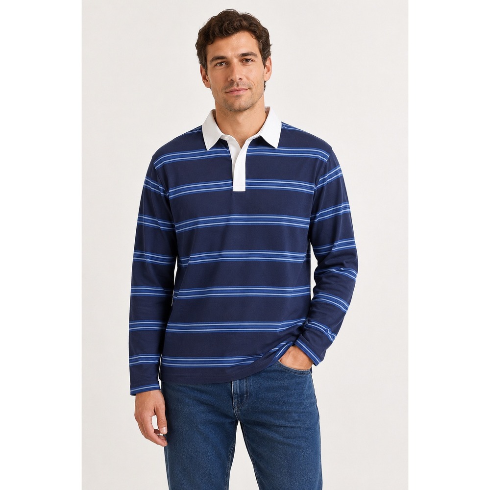 Unbranded Rugby Shirt Mens Small Blue Striped Long‎ Sleeve Contrast Collar